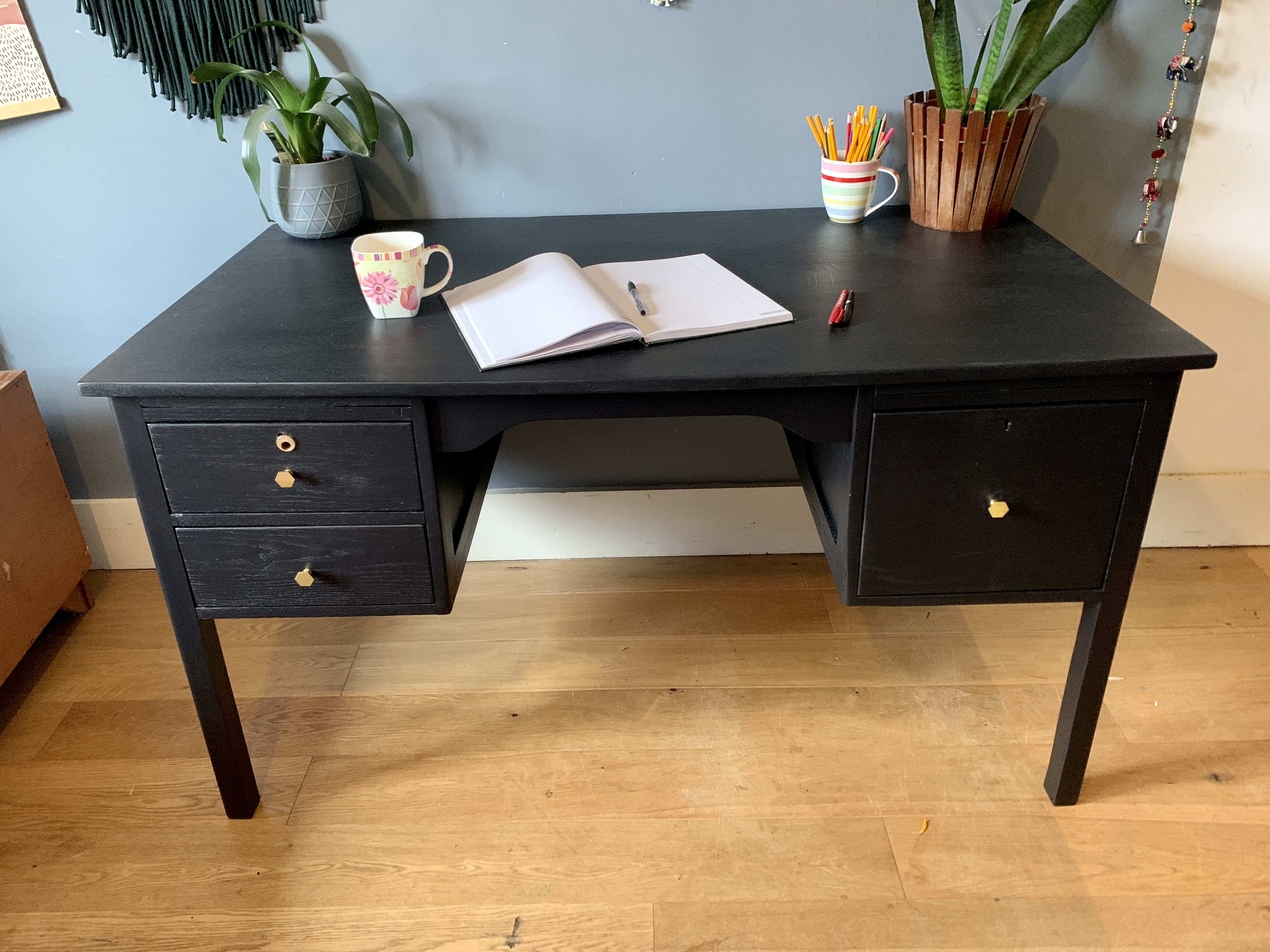 Black Desk with Brass Knobs